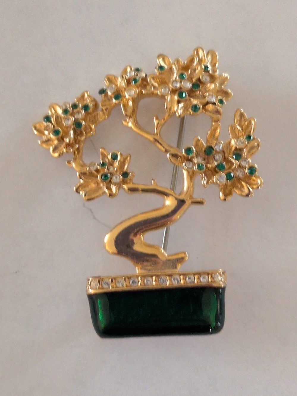 Gold-Tone Bonsai Tree Brooch with Emerald Green Accents